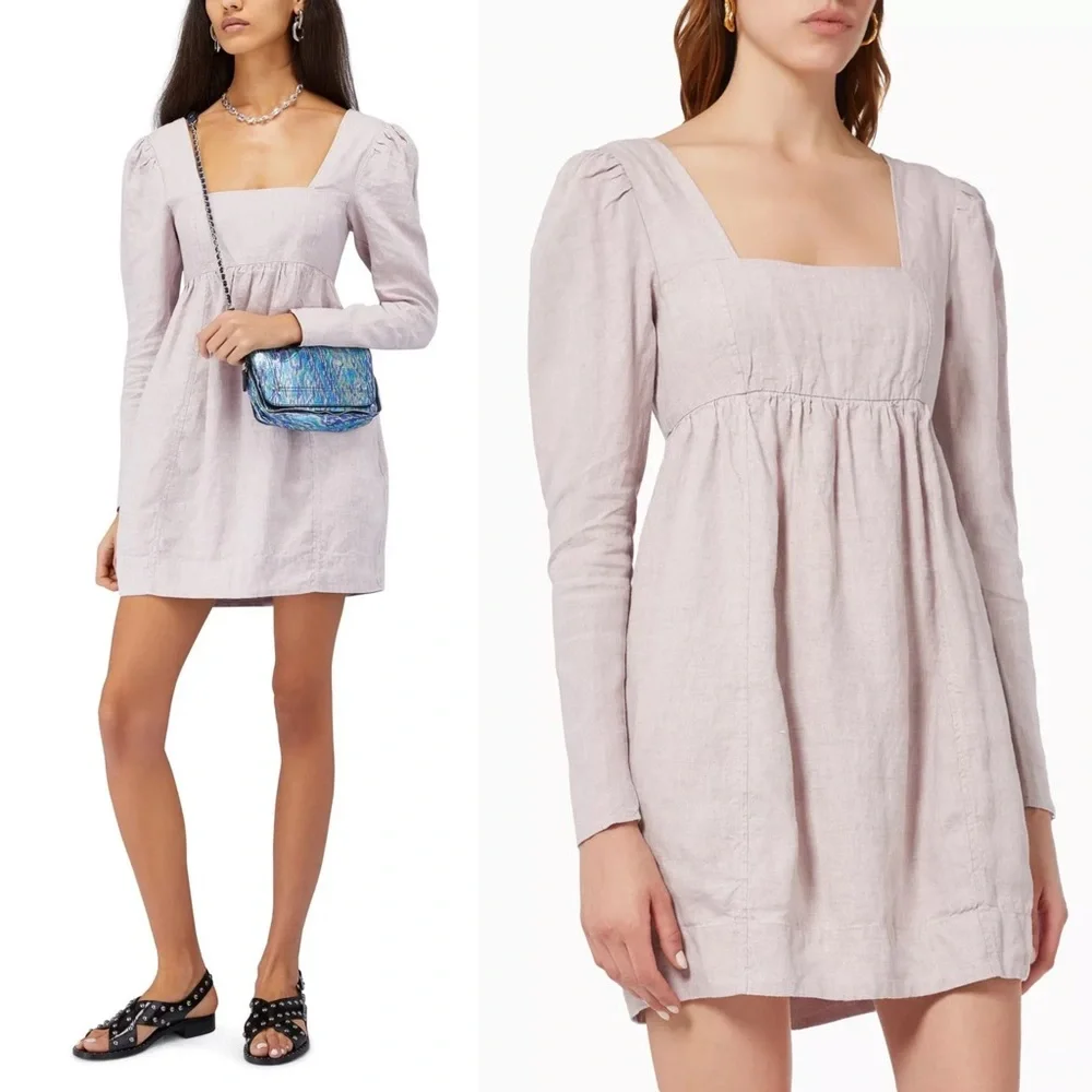 GANNI Lilac Hemp 90s Square Neck Long Sleeve Coquette Soft Girl Babydoll Dress L - Picture 9 of 14